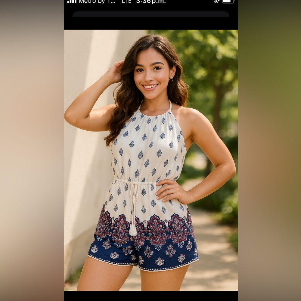 New York & Company White and Blue Halter Top